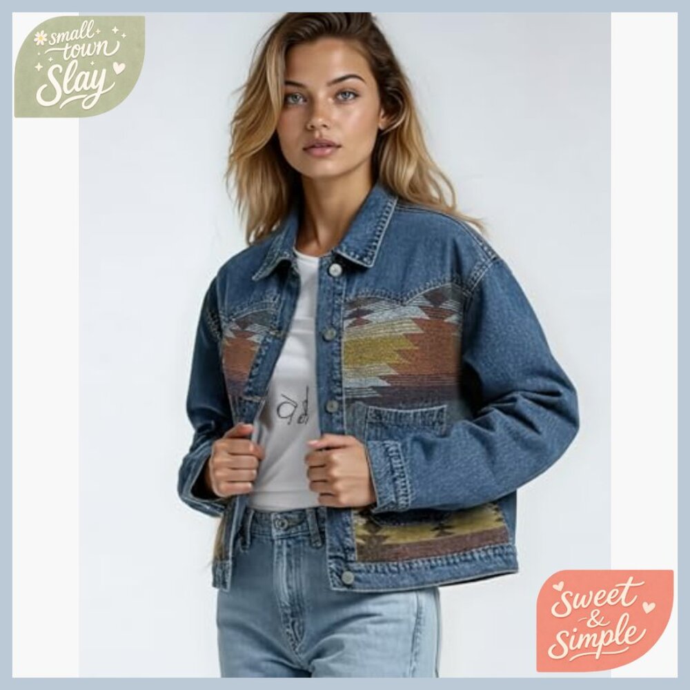 Cropped Denim Jacket with Tribal Patchwork Design… - image 3